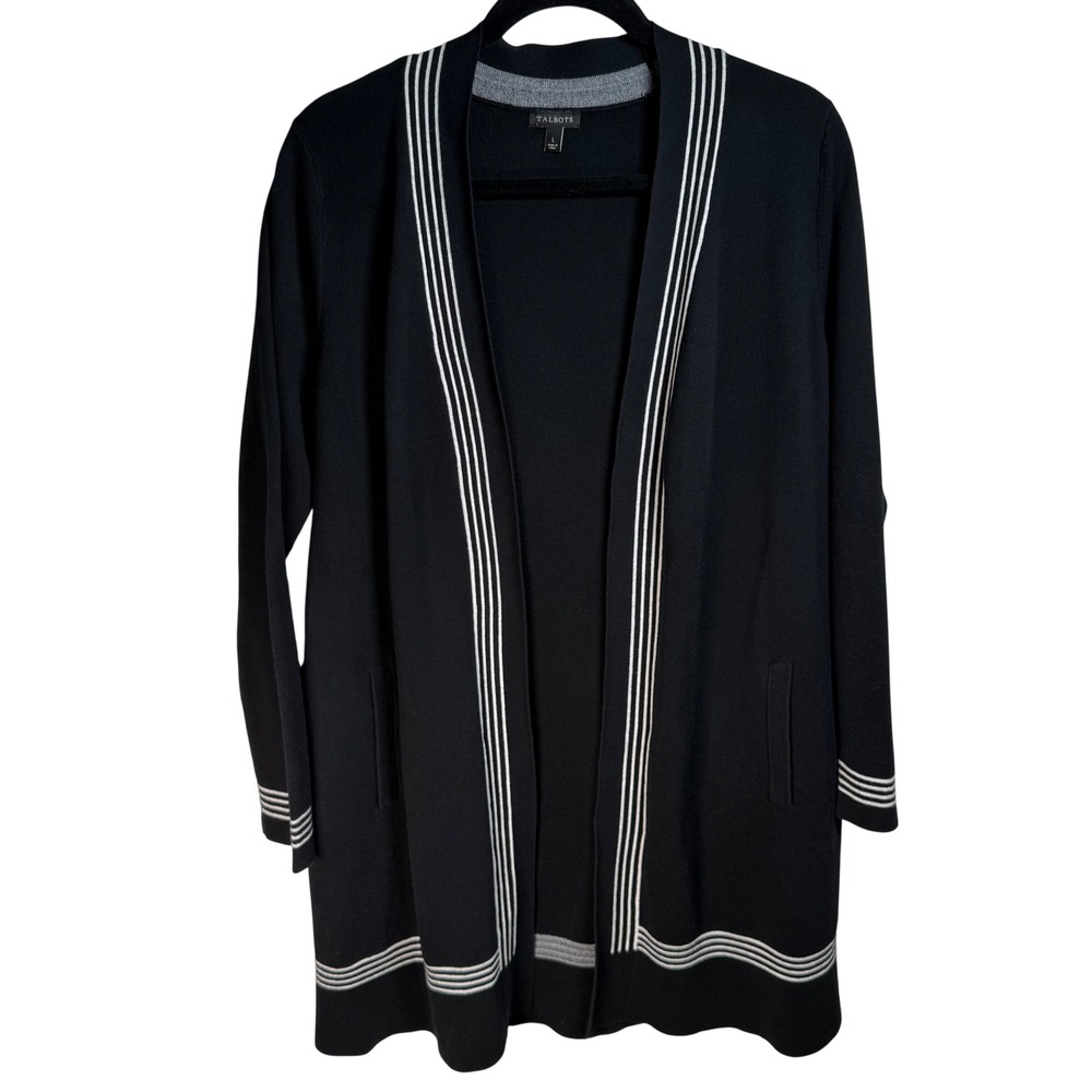 Talbots Black White Striped Trim Longline Cardigan L Pocket Nautical Coast Knit
